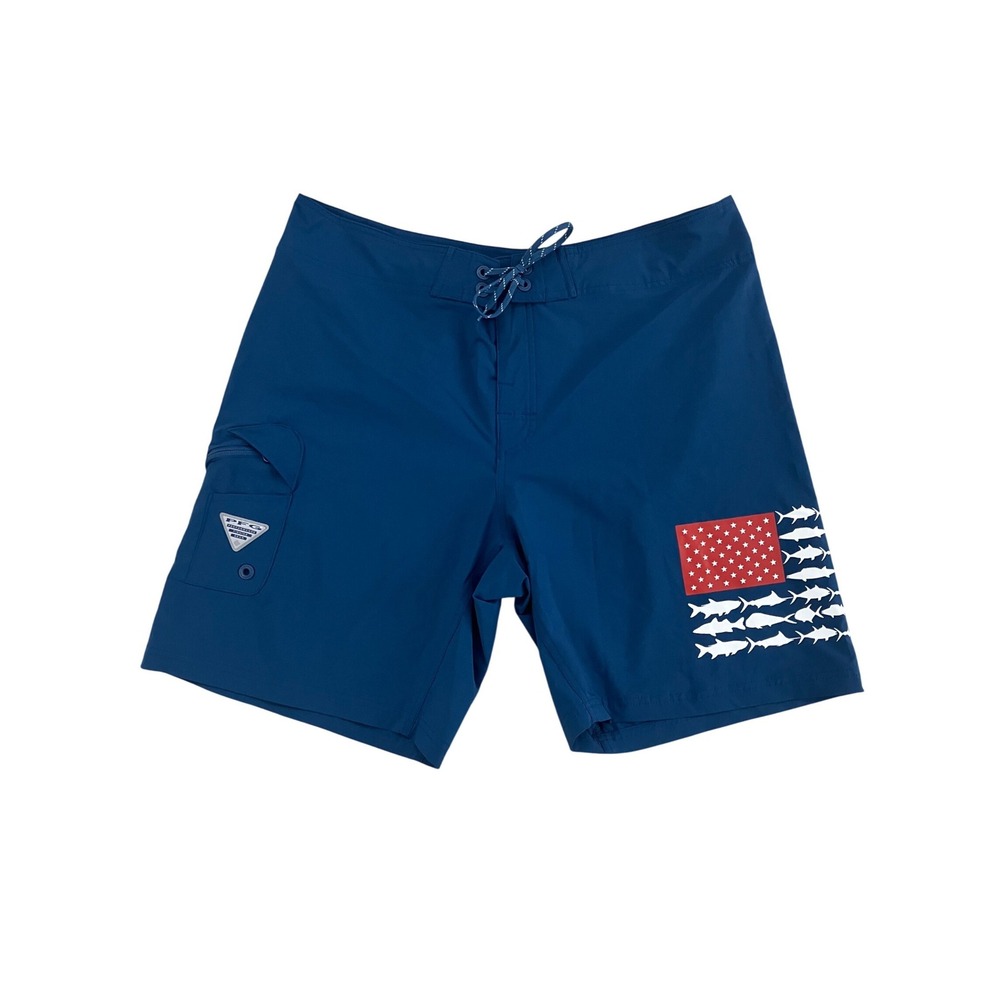 Columbia PFG Mens Navy Blue Fish Flag Board Shorts Swim Trunks Size 40